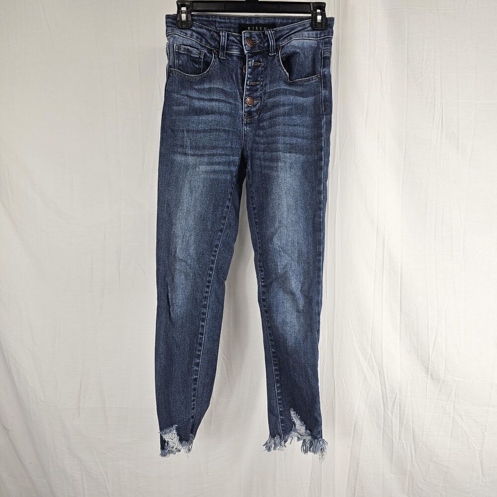 Risen Womens Mid Rise Button Fly Raw Hem Denim Skinny Jeans 3/26